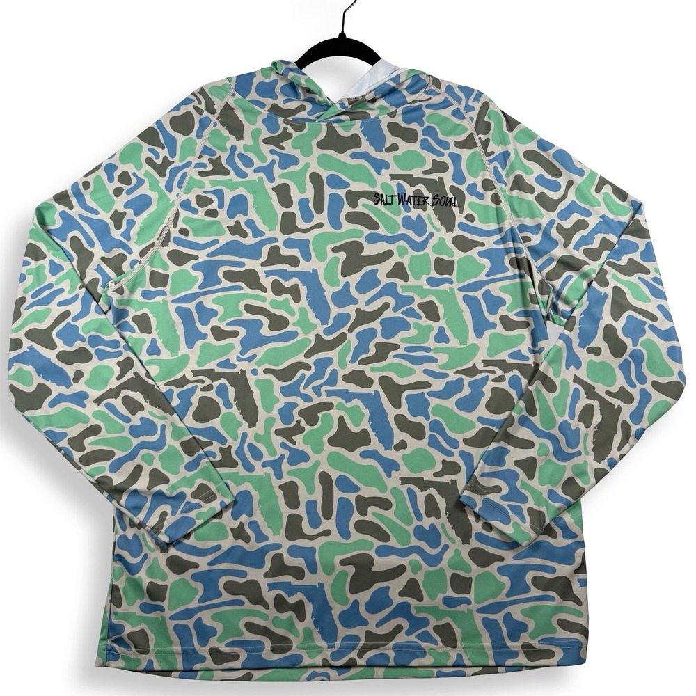 Salt Water Soul Florida Camo Fishing Hoodie XL UPF 50+ Sun Shirt Blue Green